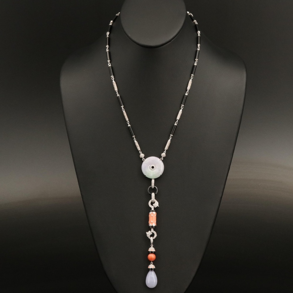 Art Deco Style 18K Jadeite, 2.46 CTW Diamond, Black Onyx and Coral Necklace